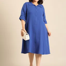 The Pink Moon Women Cotton Midi Cobalt Shirt Dress-picture-18