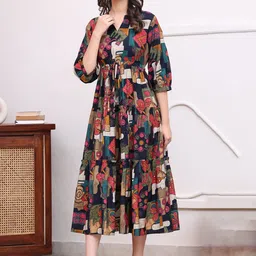 Pinly Women Abstract Printed Fit & Flare Midi Ethnic Premium Dress-picture-35