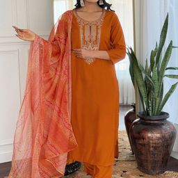 GRIOPY Women Ethnic Motifs Embroidered Regular Thread Work Kurta with Trousers & With Dupatta-14