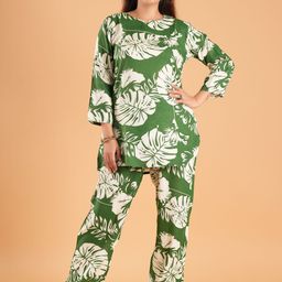 Based Leaf Printed Pure Cotton Tunic With Trouser Co-Ords-90