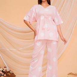 JAGNA Polka Dot Printed Pure Cotton Kaftan Top With Trousers-14