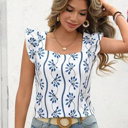 KATECLO Women Floral Printed Flutter Sleeves Square Neck Casual Top-picture-20