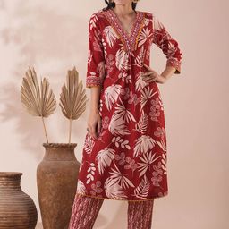 FASHOR Floral Printed V-Neck A-Line Pure Cotton Pleated Kurta With Pant-image-40