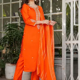 KALINI Floral Embroidered Sequinned Notch Neck Straight Kurta With Trousers And Dupatta-image-76