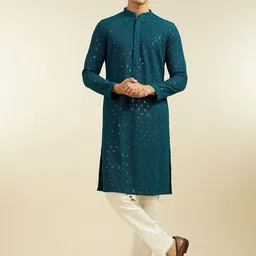 Diwas by Manyavar Floral Embroidered Sequinned Mandarin Collar Straight Kurta With Pyjamas-15