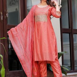 G4Girl Women Ethnic Motifs Yoke Design Regular Sequinned Chanderi Silk Kurta with Trousers & With Dupatta-image-90
