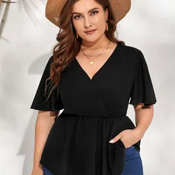 Berrylush Women V-Neck Flutter Sleeve Peplum Top-21