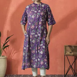 Sangria Floral Printed Mandarin Collar Pure Cotton A-Line Kurta-picture-39