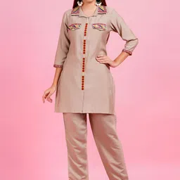 HIGHLIGHT FASHION EXPORT Embroidered Details Shirt Collar Neck Tunic With Trousers Co-Ords-image-46