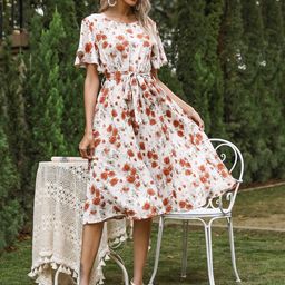 DressBerry Floral Print Belted A-Line Midi Dress-image-48
