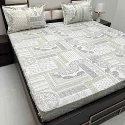 Pure Decor Green & Grey Ethnic Motifs 350 TC King Bedsheet with 2 Pillow Covers-picture-56