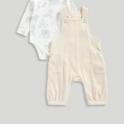 mothercare Infants Contemporary Safari Printed Pure Cotton Waffle Dungaree With Bodysuit-5