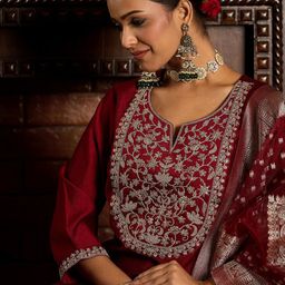 Indo Era Women Ethnic Motifs Embroidered Regular Liva Kurta with Trousers & With Dupatta-7