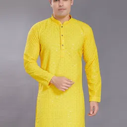 PulseIQ Men Embroidered Sequins Detail Mandarin Collar Cotton Kurta-image-13