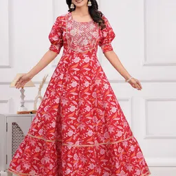 Gf Gul Fashion Women Floral Embroidered Puff Sleeves Fit and Flare Maxi Cotton Dress-image-83