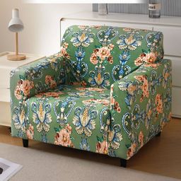 HOKIPO Victorian Garden Green & Orange Colored Printed Velvet 1 Seater Sofa Cover With Arm-picture-1