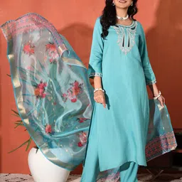 Sangria Women Floral Embroidered Kurta With Trousers & Dupatta-picture-20