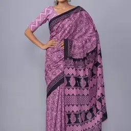 TROPWEAR Ethnic Motifs Linen Blend Block Print Saree image 5