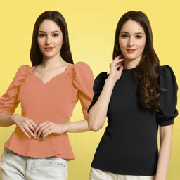 Metronaut Women Pack of 2 Solid Round Neck Puff Sleeves Regular Tops-image-39