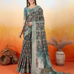DIVASTRI Woven Design Ethnic Motifs Printed Zari Banarasi Saree-image-4