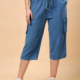 RANGRIWAZ Women Faded Relaxed Loose Fit Low-Rise Culottes Trousers-image-74