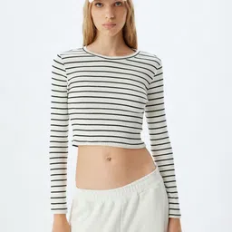Koton Women Striped Round Neck Cotton Slim Fit T-shirt-image-89