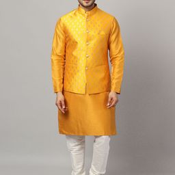 Ethluxis Mandarin Collar Jacquard Dupion Silk Kurta With Churidar & Nehru Jacket-image-64
