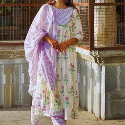 Colors of Earth Floral Printed Regular Pure Cotton Kurta With Trousers & Dupatta-image-58