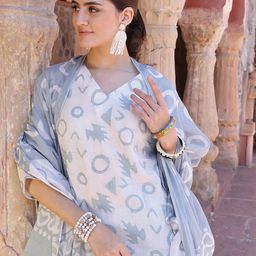 Taavi Geometric Printed Pure Cotton Straight Kurta with Trouser & Dupatta-12
