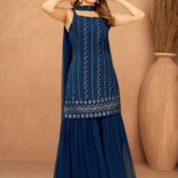 PARROT CREATION Embroidered Straight Sequinned Kurti With Sharara And Dupatta-15