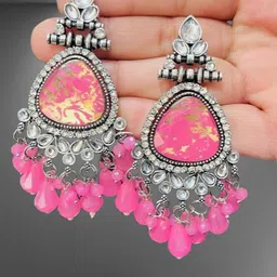 OPUS GEMS Artificial Stones Studded And Beaded Teardrop Shaped Drop Earrings-picture-7