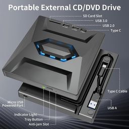 RyzCare USB 3.0 & Type C External CD DVD Writer RW Optical Drive CD/DVD ROM +/-RW CD Burner Drive with SD/TF Card Reader Ports, USB 3.0 to C Hub for Laptop, PC, MacBook, Desktop, Notebook Black RCSMD image 2