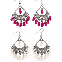 Creative Frogs Set of 2 Silver Plated Pink & White Beaded Drop Earrings-3