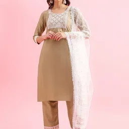 HRITIKA Women Floral Yoke Design Regular Kurta with Trousers & With Dupatta-image-5