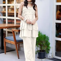 SANCIA Women Embroidered Layered Sequinned Kurta with Palazzos & With Dupatta-16