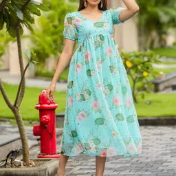Rujave Floral Printed Applique Georgette Midi Fit and Flare Dress-picture-4