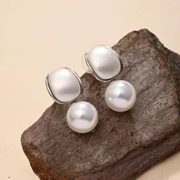 Reenisaa Rhodium-Plated Pearls Beaded Contemporary Drop Earrings-47