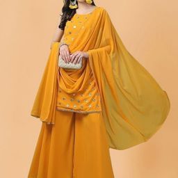 PARROT CREATION Geometric Embroidered Sequinned Georgette Kurti with Sharara And Dupatta image 3