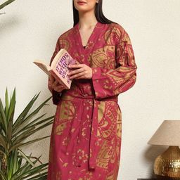 HANDICRAFT PALACE Red Printed Bath Robe With Loop Belt image 3