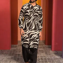 Laalzari Abstract Printed Cotton Silk Pathani Kurta With Harem Pants-image-1