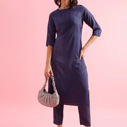 Saanjh Navy Blue Striped Straight Kurta with Trousers-picture-48