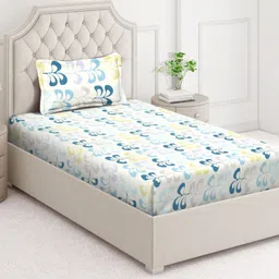 Arrabi White & Blue Floral 350 TC Single Bedsheet with 1 Pillow Covers-image-76
