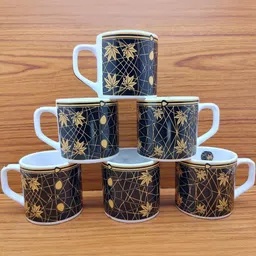 laghima jadon Black & Gold-Toned Ethnic Motifs Printed Ceramic Matte Mugs Set of 6-18