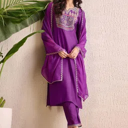 Indo Era Women Ethnic Motifs Yoke Design Regular Liva Kurta with Trousers & With Dupatta-picture-2