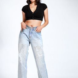 Wear Your Words Women Studded Wide Leg Jeans Ice Blue-image-76