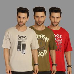 MACK JONNEY Men Pack Of 3 Typography Printed Round Neck Cotton Relaxed Fit T-shirts-picture-5
