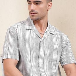 LOCOMOTIVE Premium Men Horizontal Stripped Cuban Collar Relaxed Fit Shirt-image-96