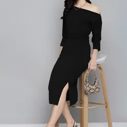 Mast & Harbour Asymmetric Neck Cuffed Sleeve Slit Sheath Midi Dress-picture-53