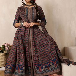 GULMOHAR JAIPUR Floral Printed Mirror Work Pure Cotton Anarkali Kurta & Palazzo & Dupatta-44
