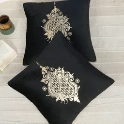 HOSTA HOMES Black & Gold-Toned 2 Pieces Floral Foil Printed Velvet Square Cushion Covers-89